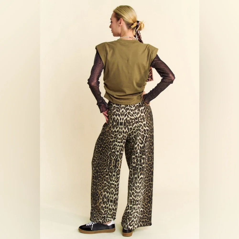 🟠272B. Drawstring Leopard Wide Leg Pants - Picture 6 of 8